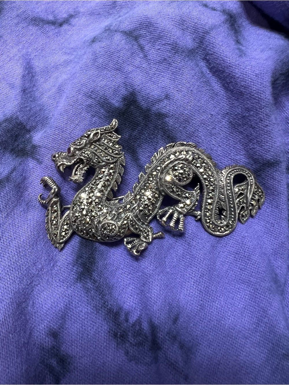 Vintage Sterling Marcasite Oversized Chinese Dragon Mardi Gras Brooch Pin 3”